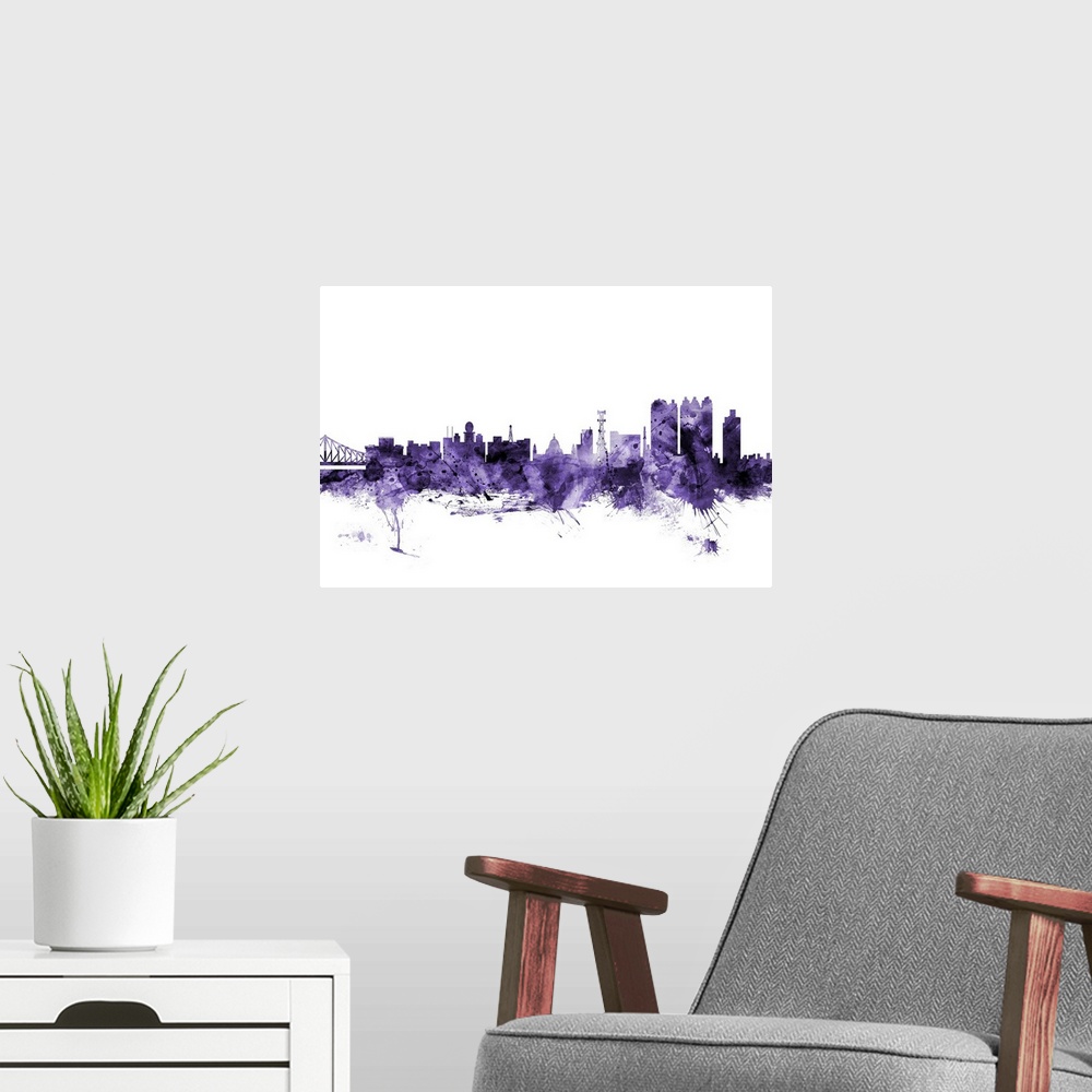 A modern room featuring Watercolor art print of the skyline of Calcutta (Kolkata), West Bengal, India