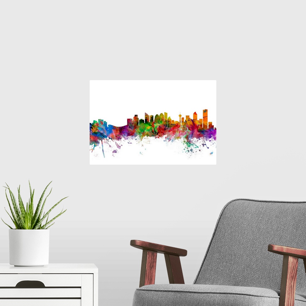 A modern room featuring Watercolor artwork of the Calgary skyline against a white background.