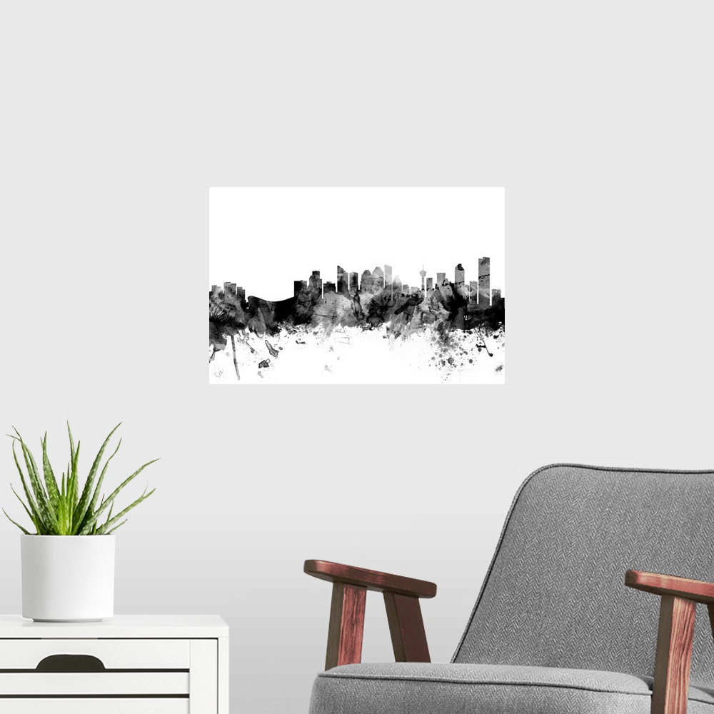 A modern room featuring Contemporary artwork of the Calgary city skyline in black watercolor paint splashes.