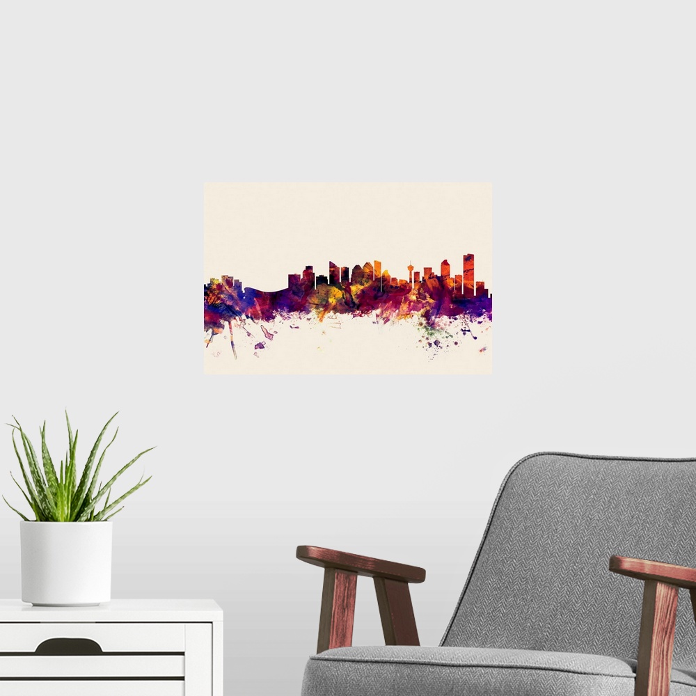 A modern room featuring Contemporary artwork of the Calgary city skyline in watercolor paint splashes.