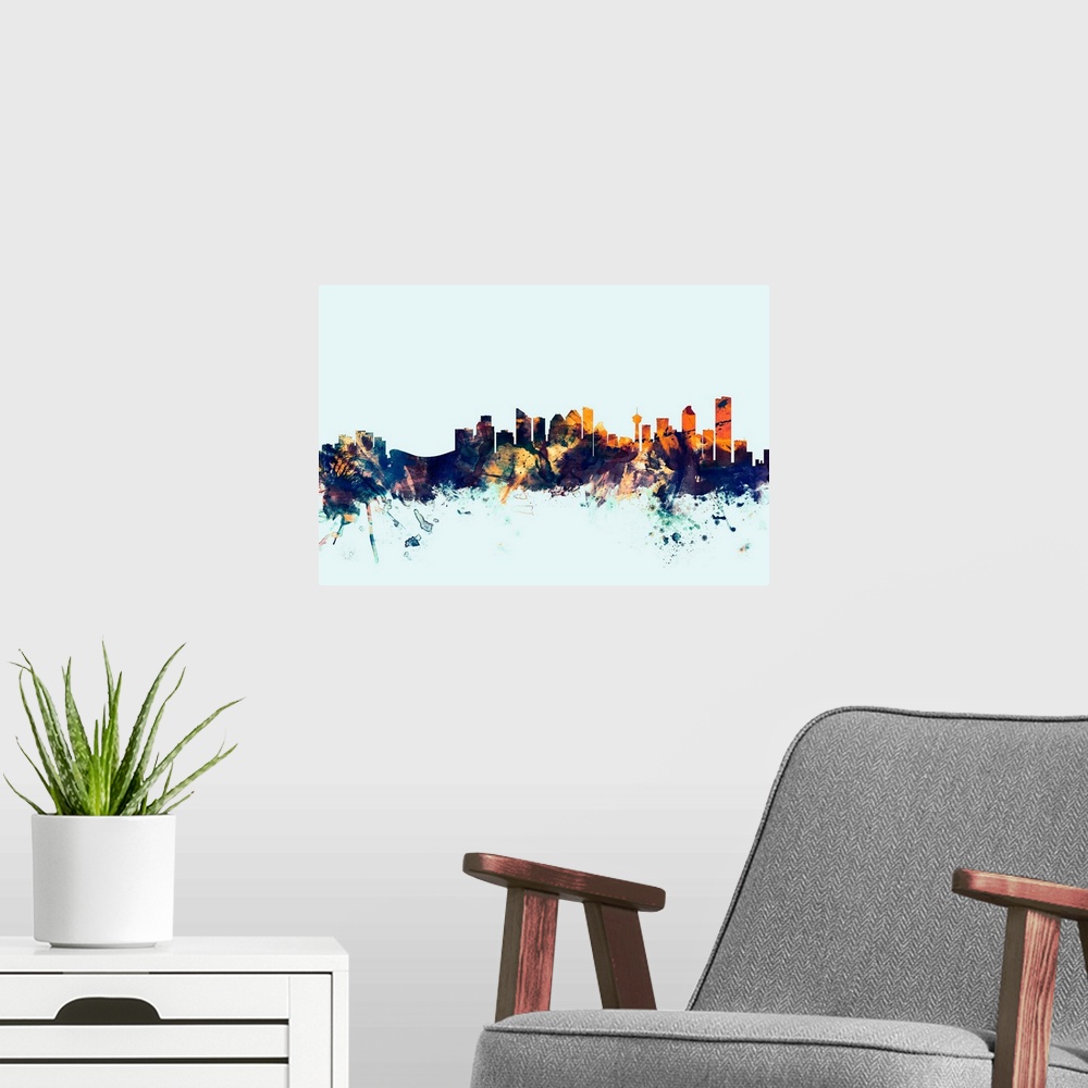 A modern room featuring Dark watercolor silhouette of the Calgary city skyline against a light blue background.