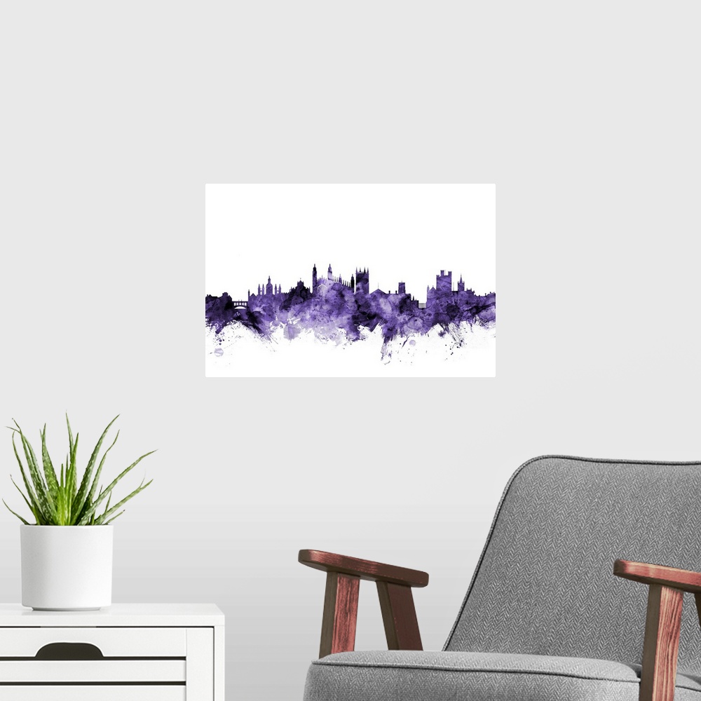 A modern room featuring Watercolor art print of the skyline of Cambridge, England, United Kingdom