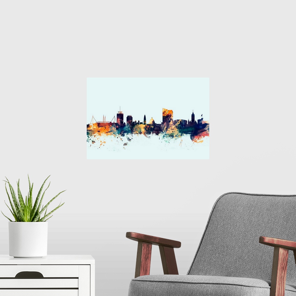 A modern room featuring Dark watercolor silhouette of the Cardiff city skyline against a light blue background.