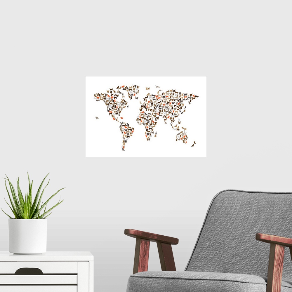 A modern room featuring A map of the world made from silhouettes of cats.