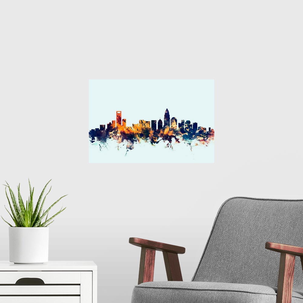 A modern room featuring Dark watercolor silhouette of the Charlotte city skyline against a light blue background.