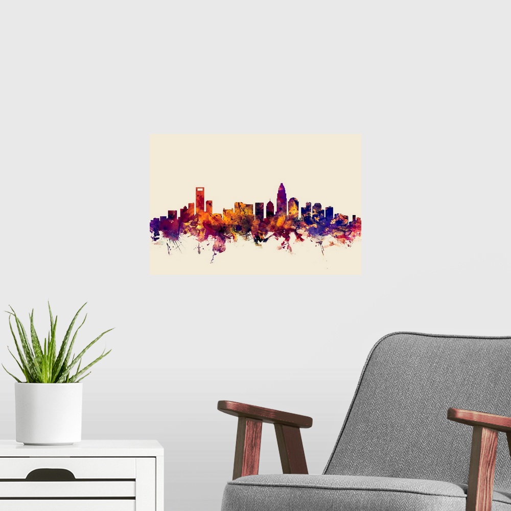 A modern room featuring Dark watercolor splattered silhouette of the Charlotte city skyline.
