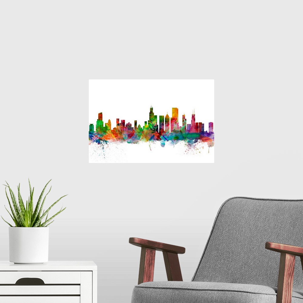 A modern room featuring Watercolor artwork of the Chicago skyline against a white background.