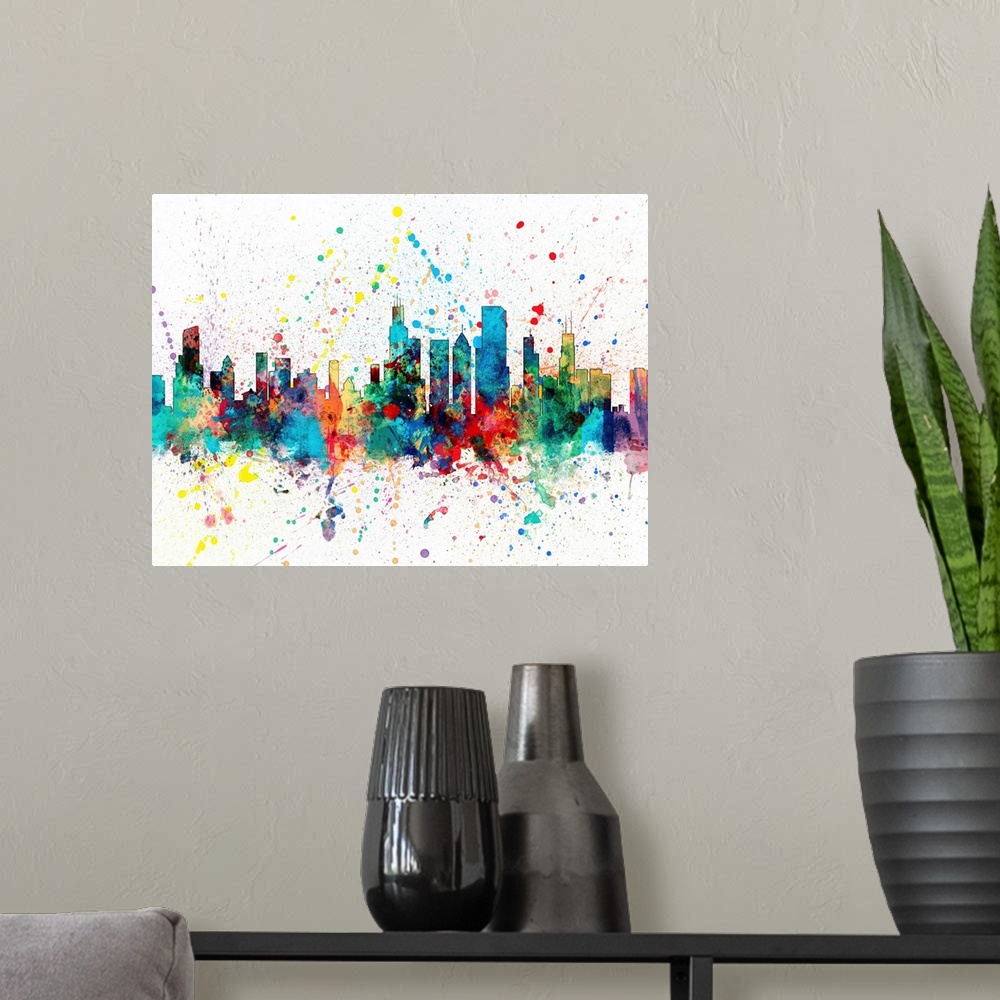 A modern room featuring Contemporary colorful paint splash of the Chicago skyline.