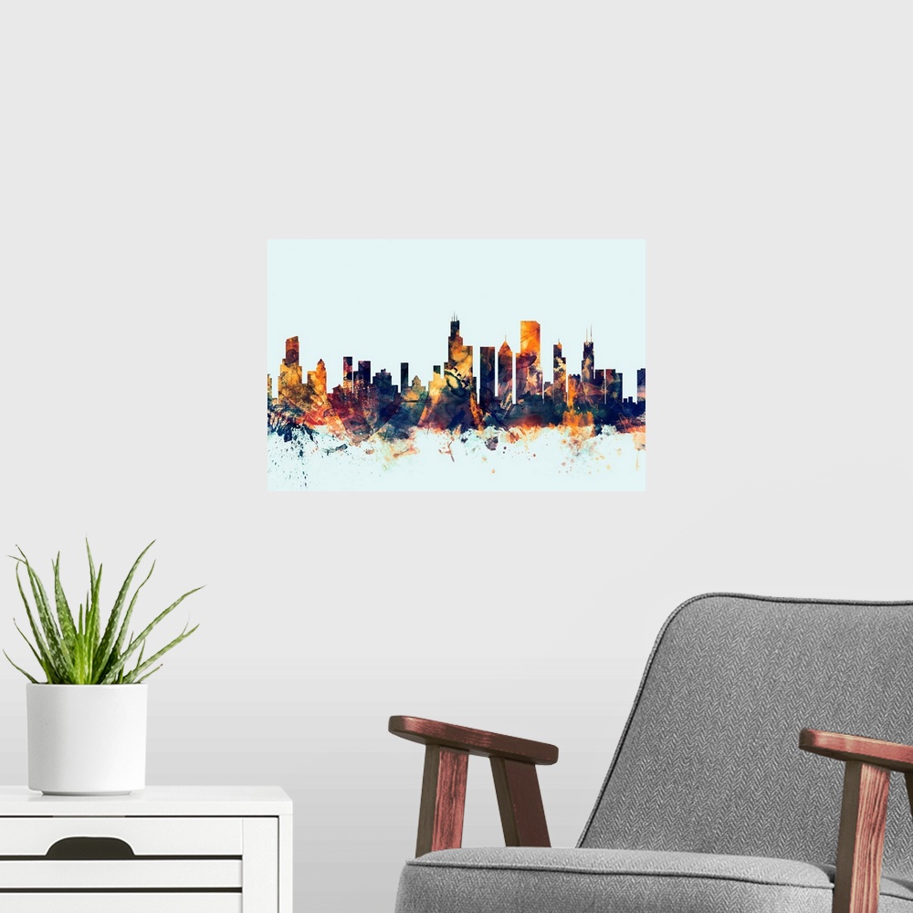 A modern room featuring Dark watercolor silhouette of the  Chicago city skyline against a light blue background.