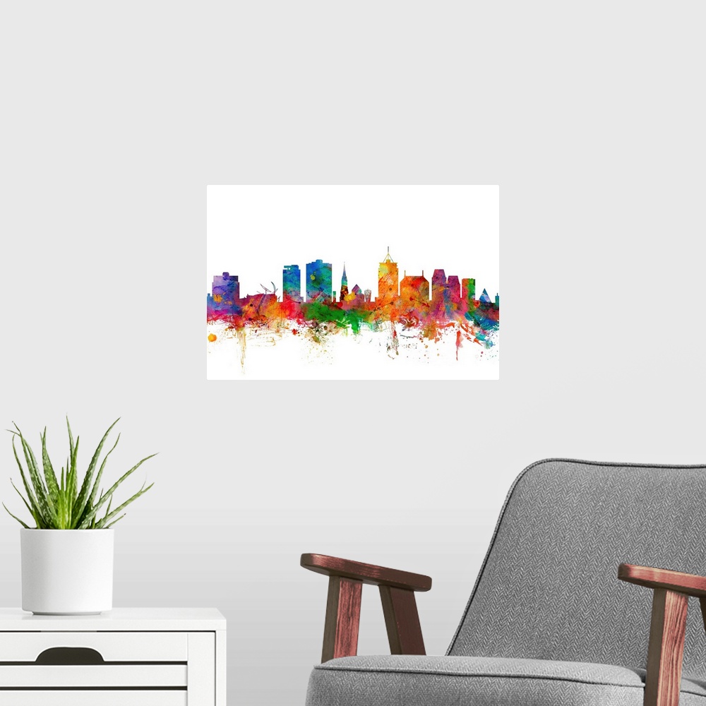 A modern room featuring Watercolor artwork of the Christchurch skyline against a white background.