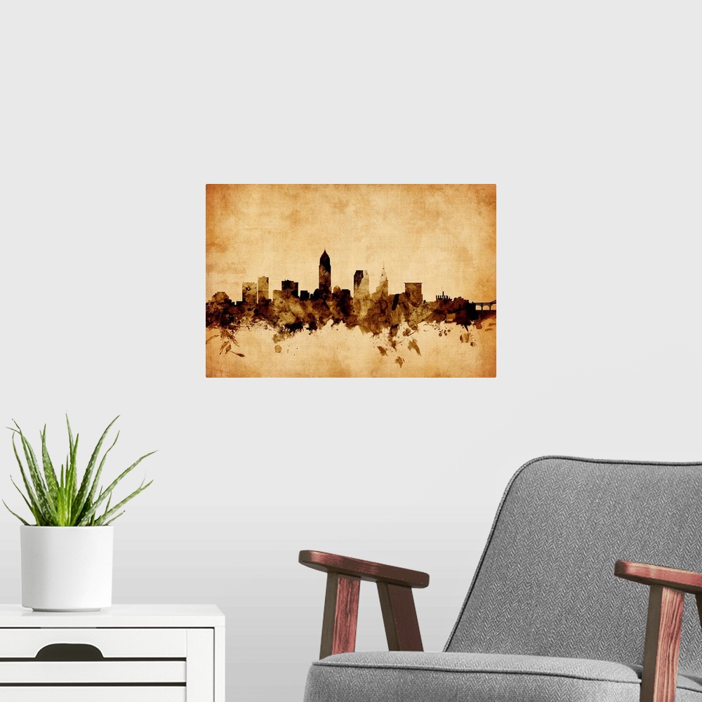A modern room featuring Contemporary artwork of the Cleveland city skyline in a vintage distressed look.