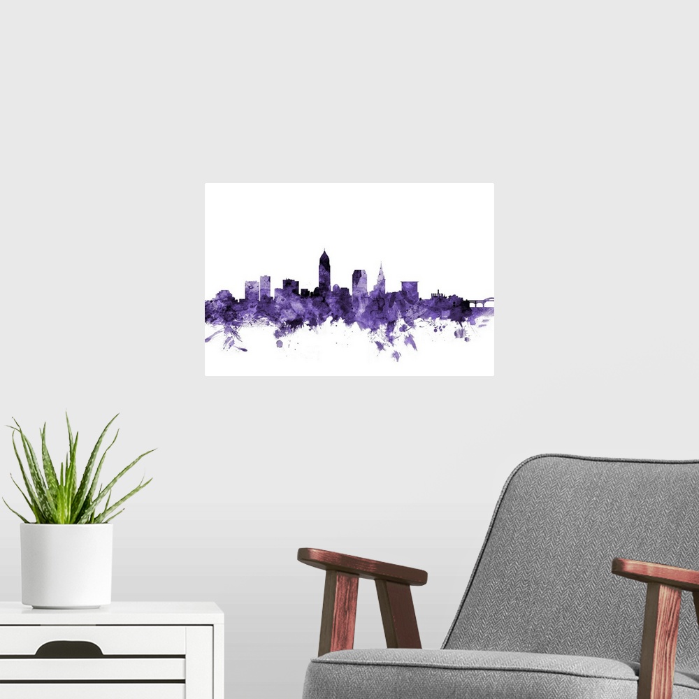 A modern room featuring Watercolor art print of the skyline of Cleveland, Ohio, United States