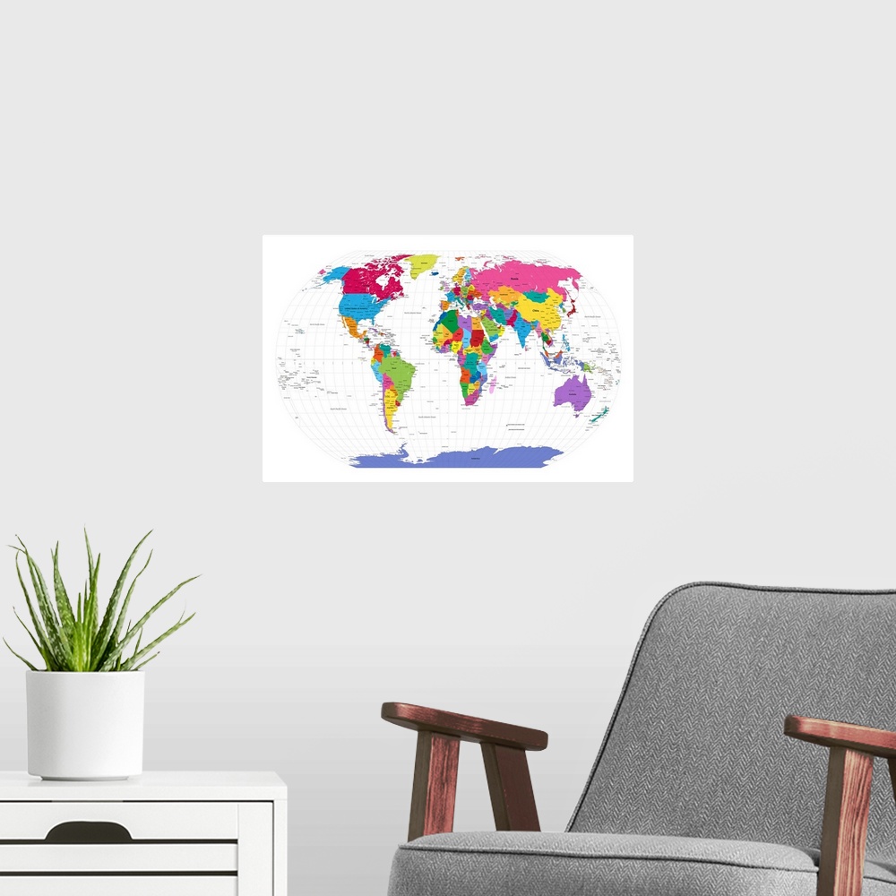 A modern room featuring Large artwork of a map of the world with each country colored brightly.