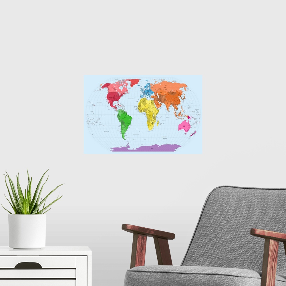 A modern room featuring Educational wall art for the home or class room a world map where each continent and the individu...