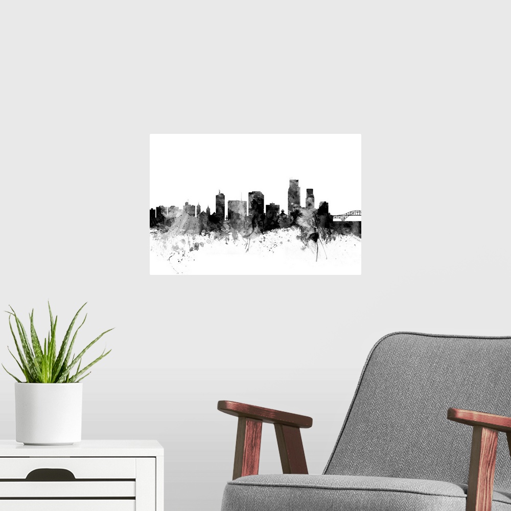 A modern room featuring Contemporary artwork of the Corpus Christie city skyline in black watercolor paint splashes.