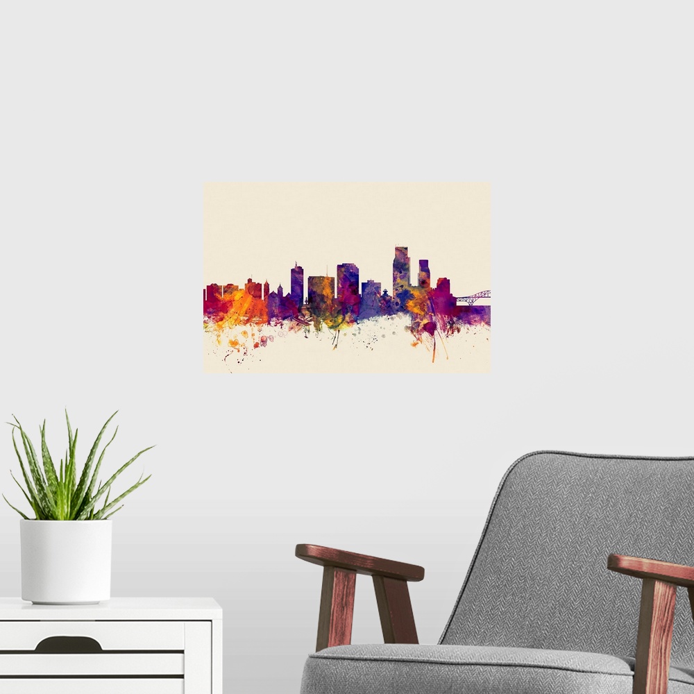 A modern room featuring Contemporary artwork of the Corpus Christie city skyline in watercolor paint splashes.