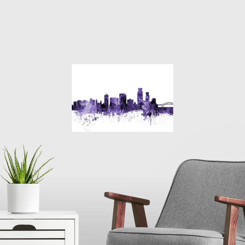 A modern room featuring Watercolor art print of the skyline of Corpus Christie, Texas, United States
