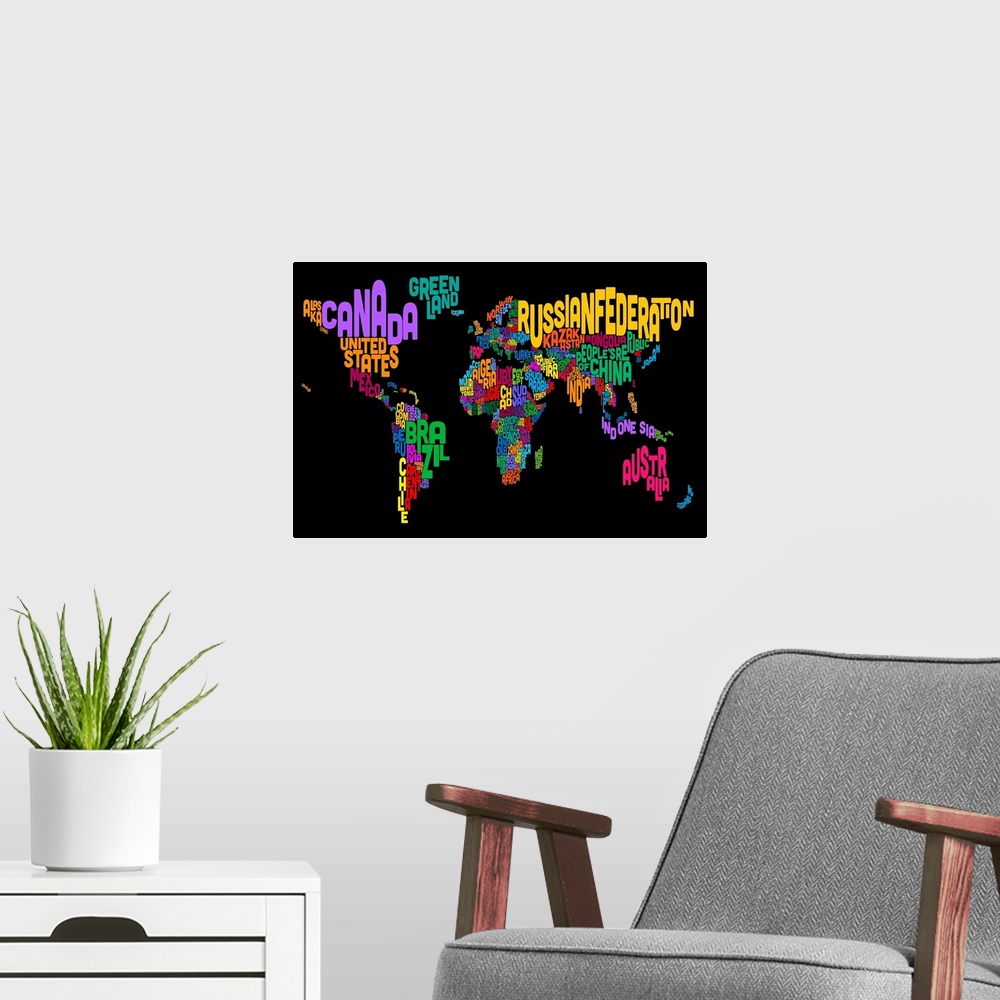 A modern room featuring Country Names World Map, Multicolor on Black