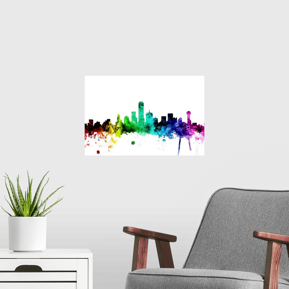 A modern room featuring Watercolor art print of the skyline of Dallas, Texas, United States.