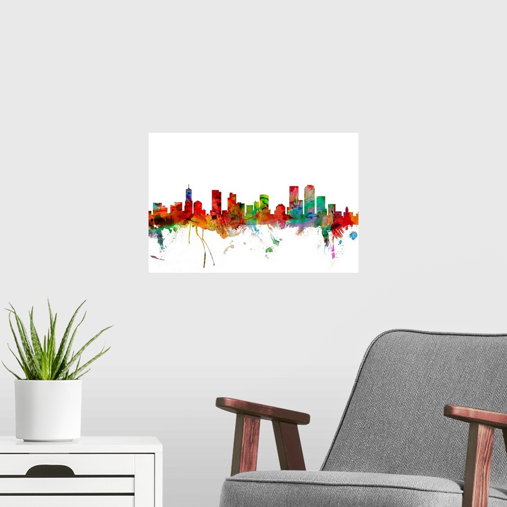 A modern room featuring Watercolor artwork of the Denver skyline against a white background.