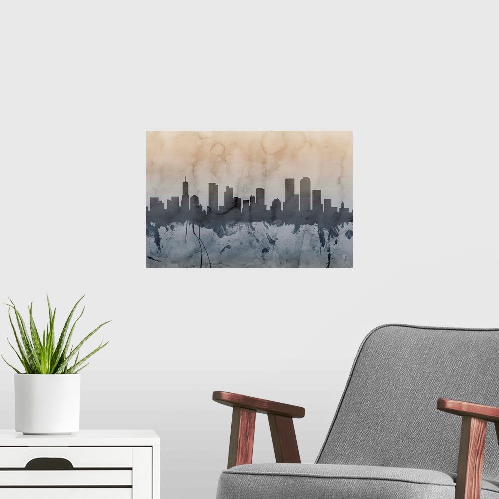 A modern room featuring Watercolor art print of the skyline of Denver, Colorado, United States