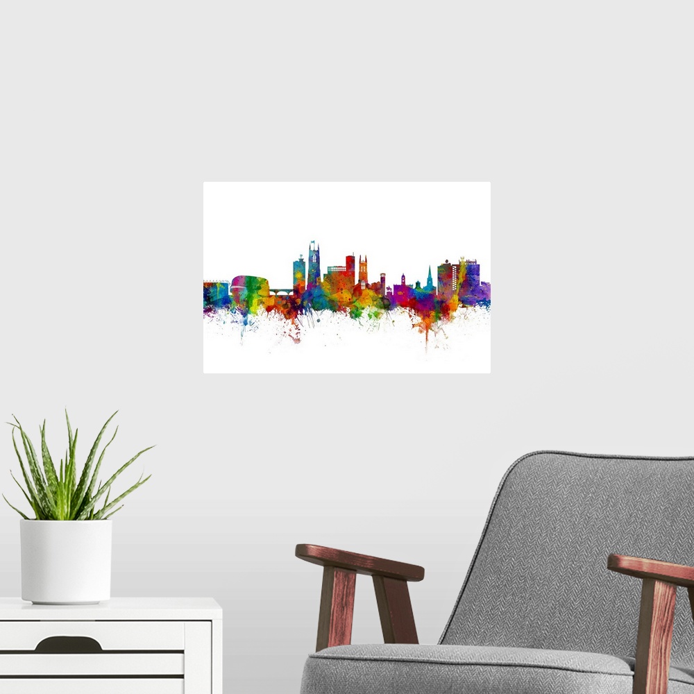 A modern room featuring Watercolor art print of the skyline of Derby, England, United Kingdom