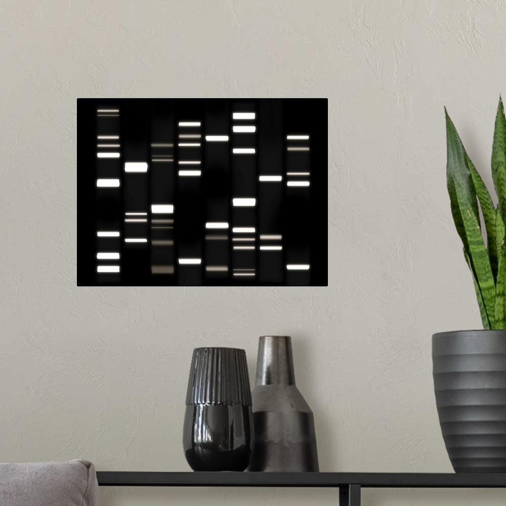 A modern room featuring Digital rendering of DNA on a dark background.