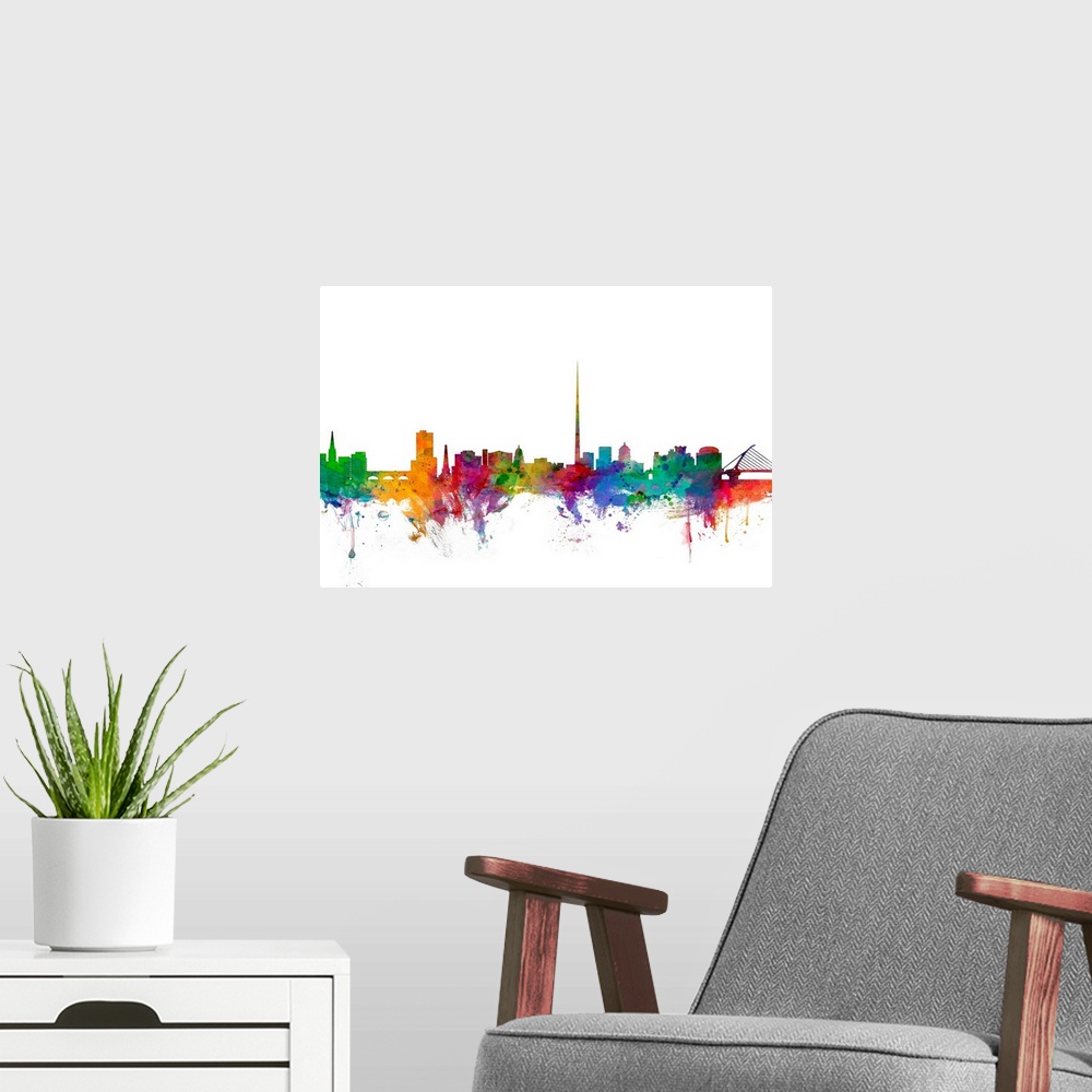 A modern room featuring Contemporary piece of artwork of the Dublin skyline made of colorful paint splashes.
