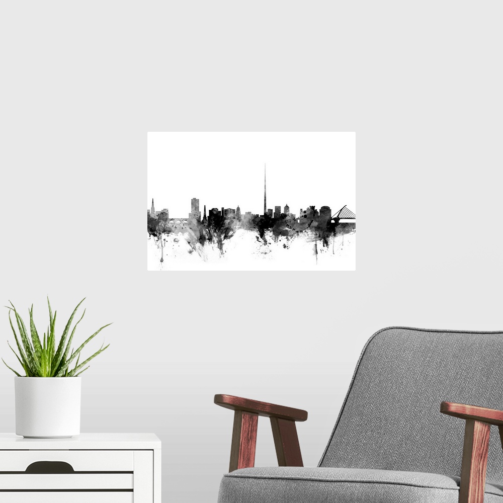 A modern room featuring Contemporary artwork of the Dublin city skyline in black watercolor paint splashes.