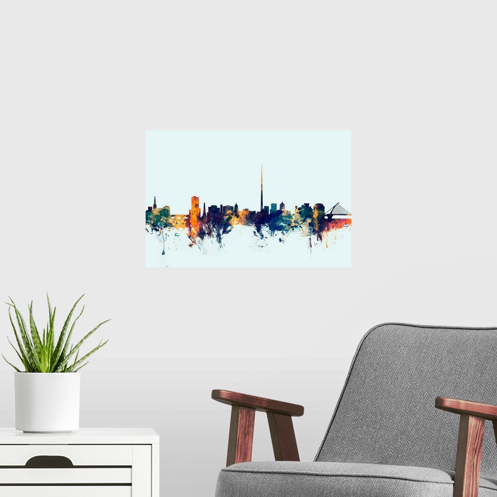 A modern room featuring Dark watercolor silhouette of the Dublin city skyline against a light blue background.