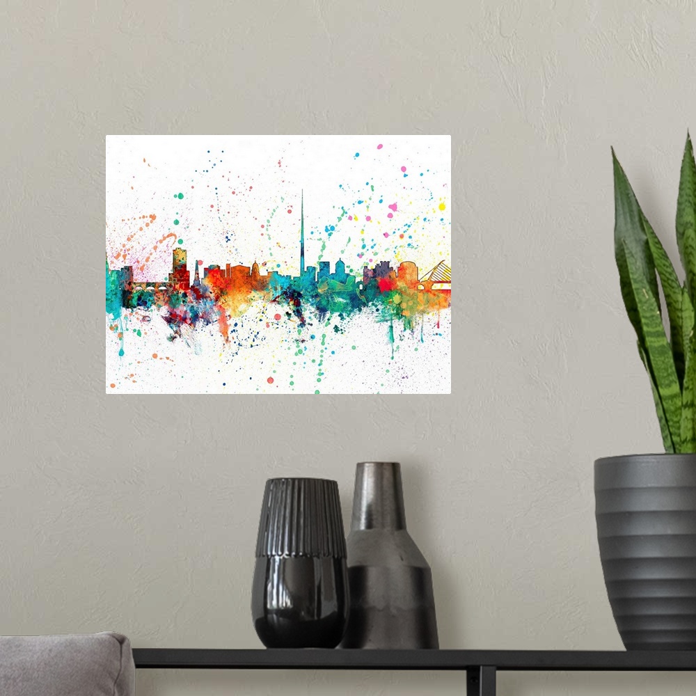 A modern room featuring Wild and vibrant paint splatter silhouette of the Dublin skyline.