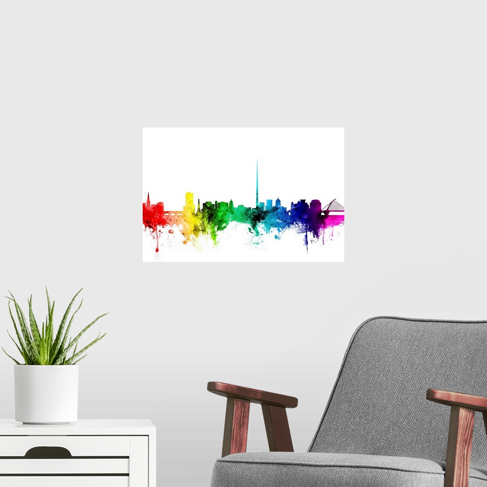 A modern room featuring Watercolor art print of the skyline of Dublin, Ireland.