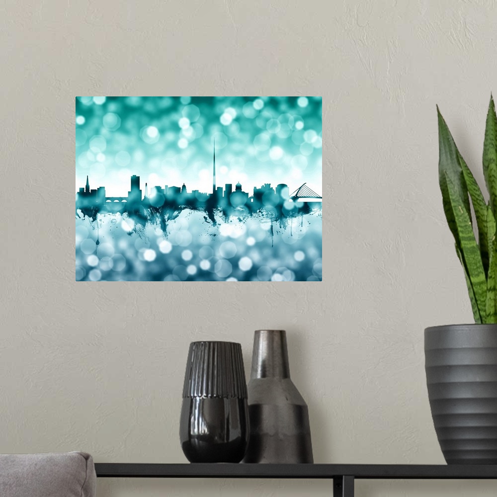 A modern room featuring Watercolor art print of the skyline of Dublin, Ireland.