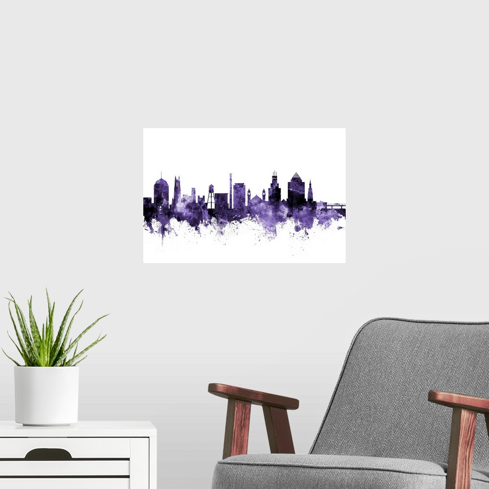 A modern room featuring Watercolor art print of the skyline of Durham, North Carolina, United States