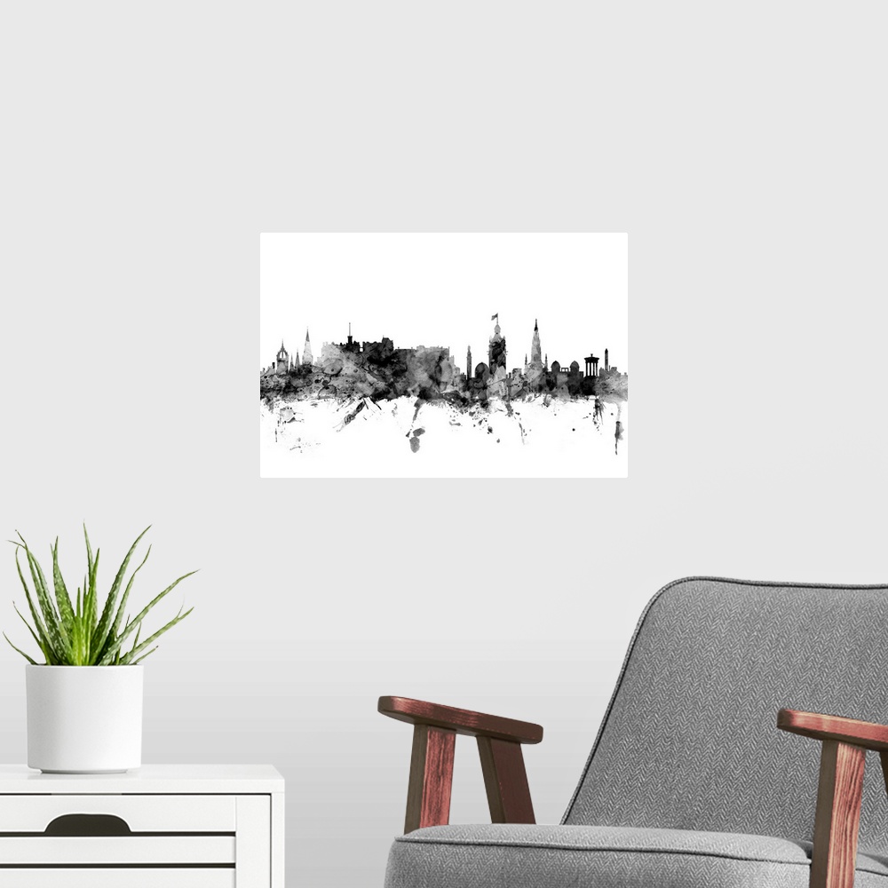 A modern room featuring Contemporary artwork of the Edinburgh city skyline in black watercolor paint splashes.