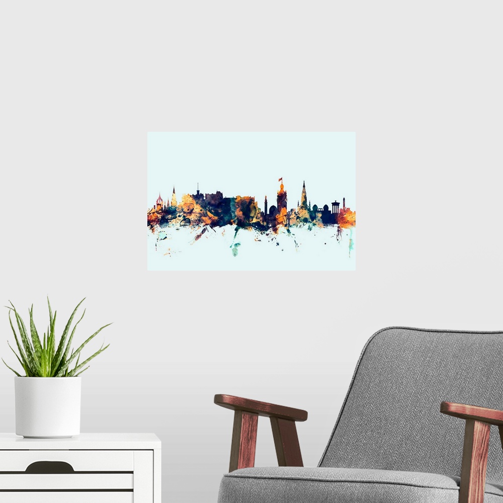 A modern room featuring Dark watercolor silhouette of the Edinburgh city skyline against a light blue background.