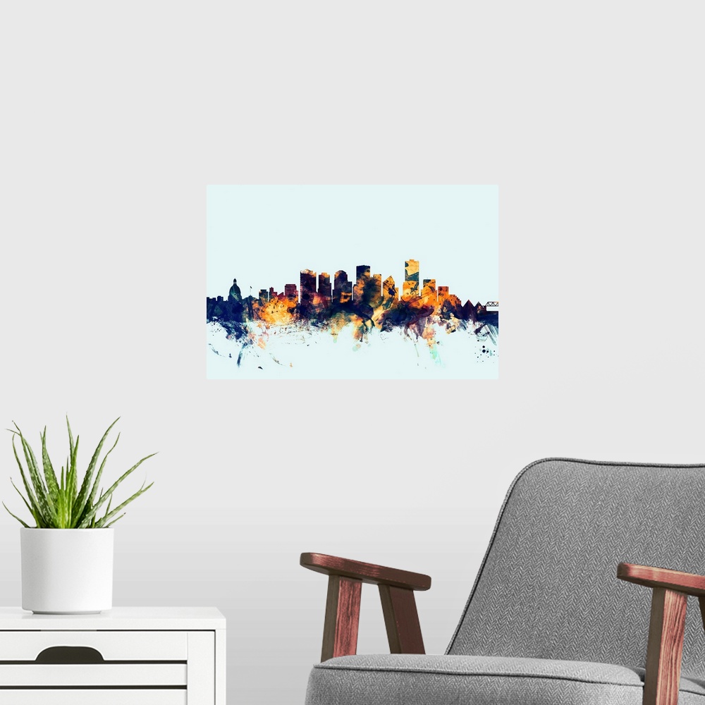A modern room featuring Dark watercolor silhouette of the Edmonton city skyline against a light blue background.