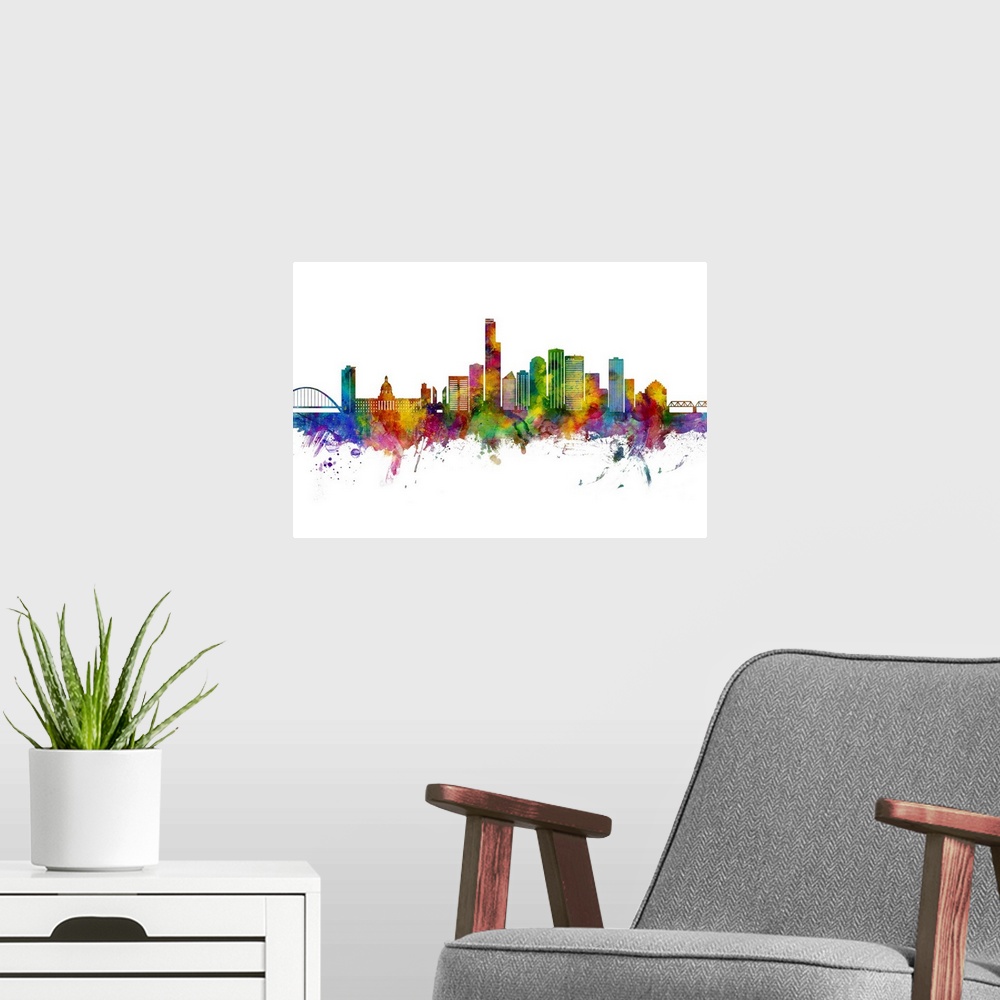 A modern room featuring Watercolor art print of the skyline of Edmonton, Canada