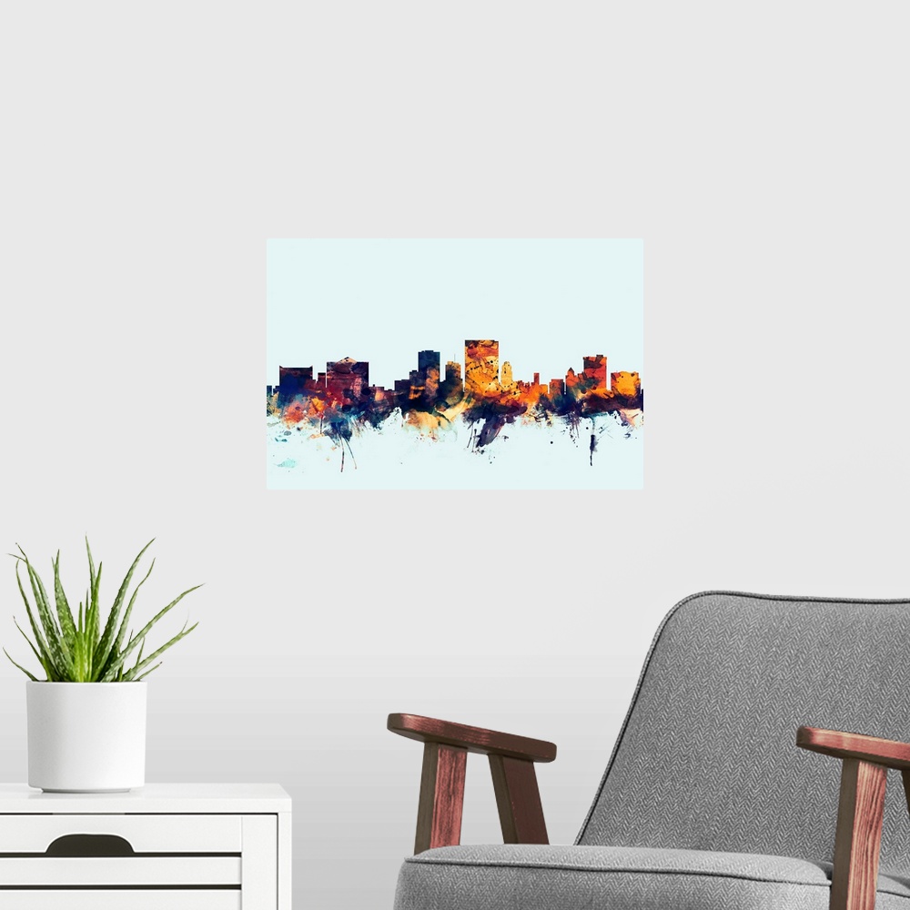 A modern room featuring Dark watercolor silhouette of the El Paso city skyline against a light blue background.