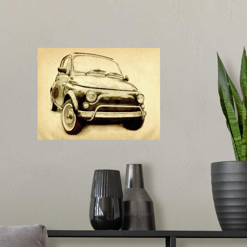 A modern room featuring The Fiat 500 was a car produced by the Fiat company of Italy between 1957 and 1975.The car was de...