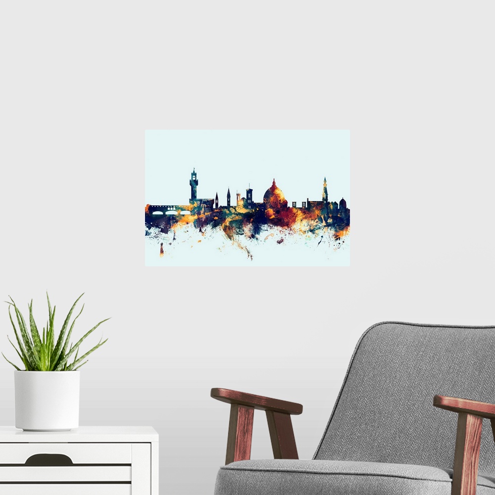 A modern room featuring Dark watercolor silhouette of the Florence city skyline against a light blue background.