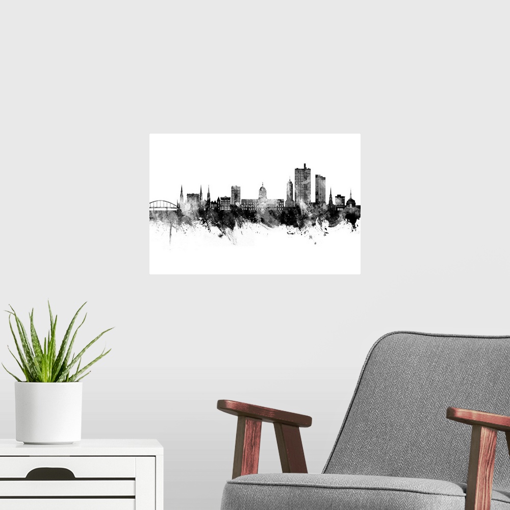 A modern room featuring Watercolor art print of the skyline of Fort Wayne, Indiana