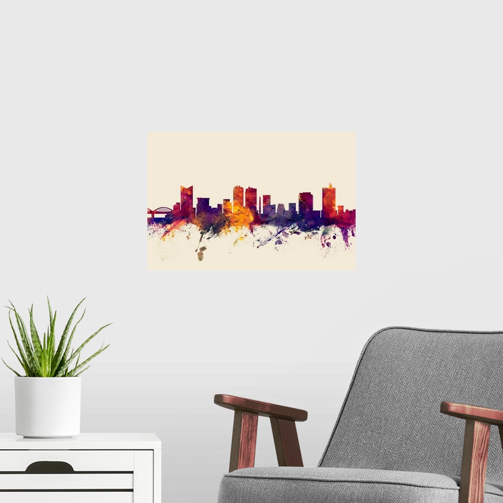 A modern room featuring Contemporary artwork of the Fort Worth city skyline in watercolor paint splashes.