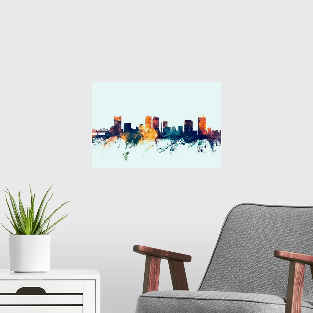 A modern room featuring Dark watercolor silhouette of the Fort Worth city skyline against a light blue background.