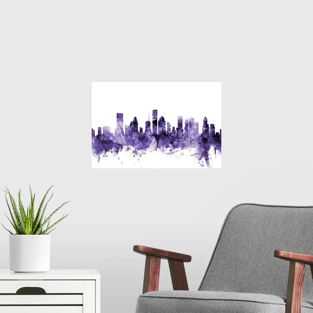 A modern room featuring Watercolor art print of the skyline of Houston, Texas, United States