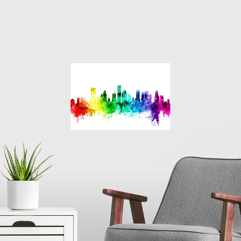 A modern room featuring Watercolor art print of the skyline of Houston, Texas, United States.