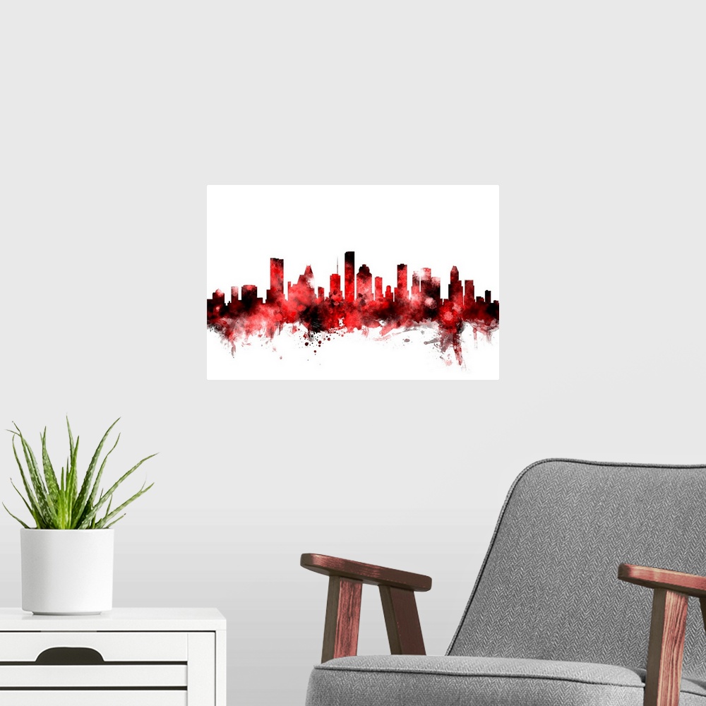 A modern room featuring Watercolor art print of the skyline of Houston, Texas, United States.
