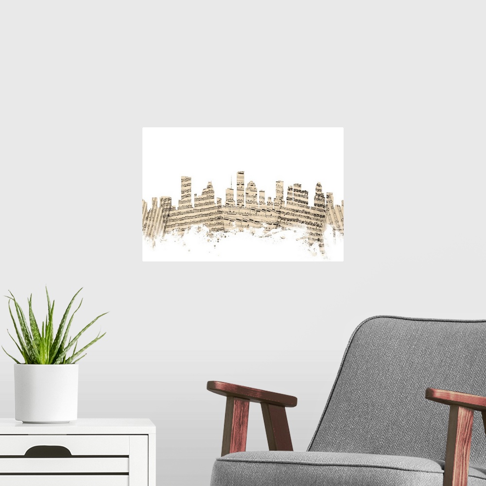 A modern room featuring Houston skyline made of sheet music against a white background.