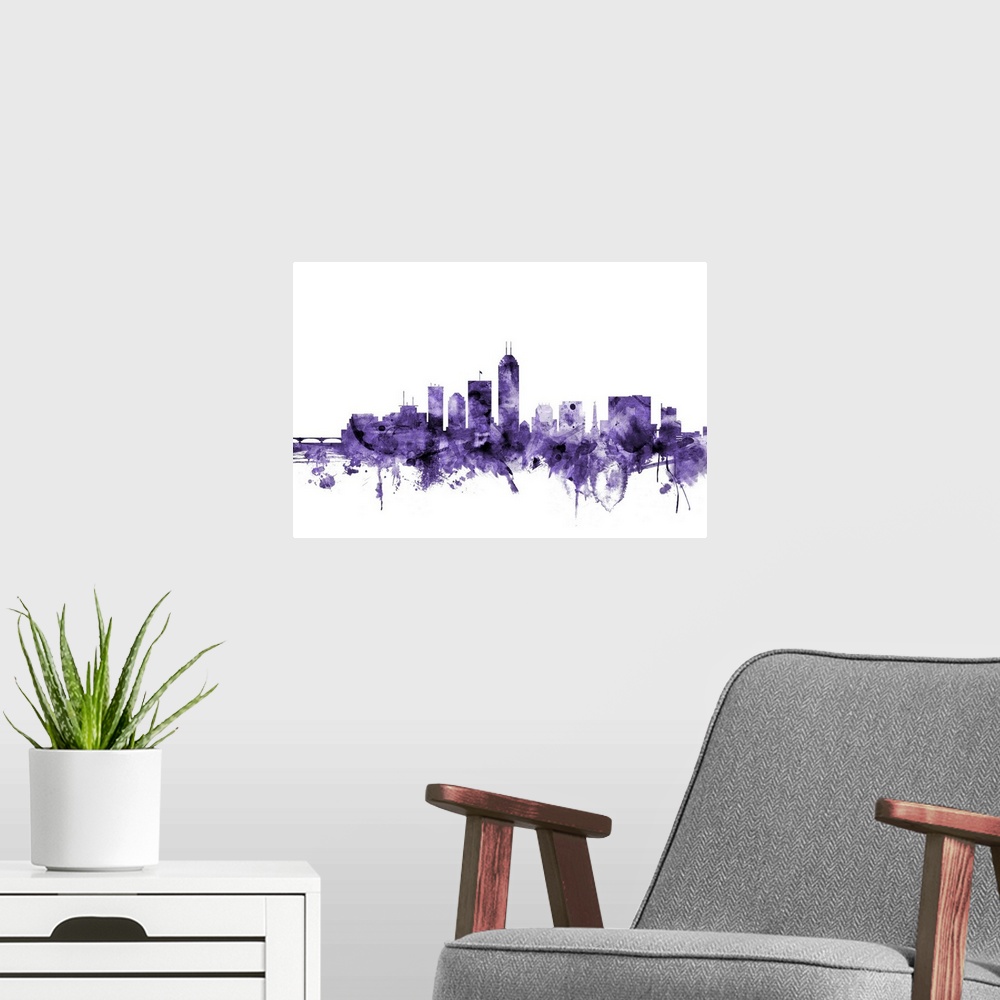 A modern room featuring Watercolor art print of the skyline of Indianapolis, Indiana, United States