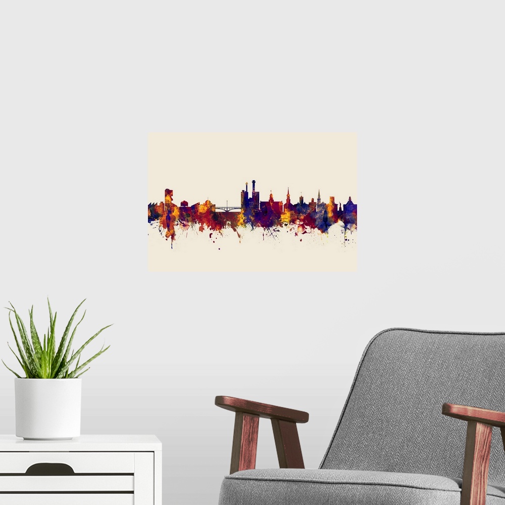 A modern room featuring Watercolor art print of the skyline of Iowa City, Iowa, United States